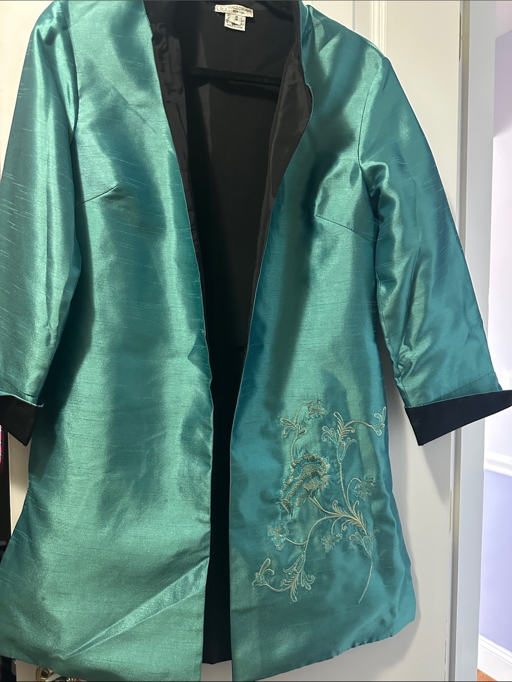 Embroidered Teal Satin Open-Front Blazer